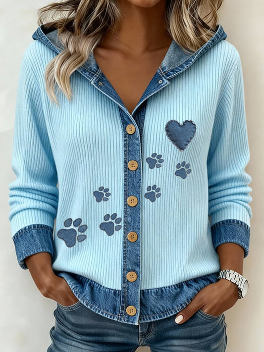 Women's Paw Print Denim Patchwork Cardigan
