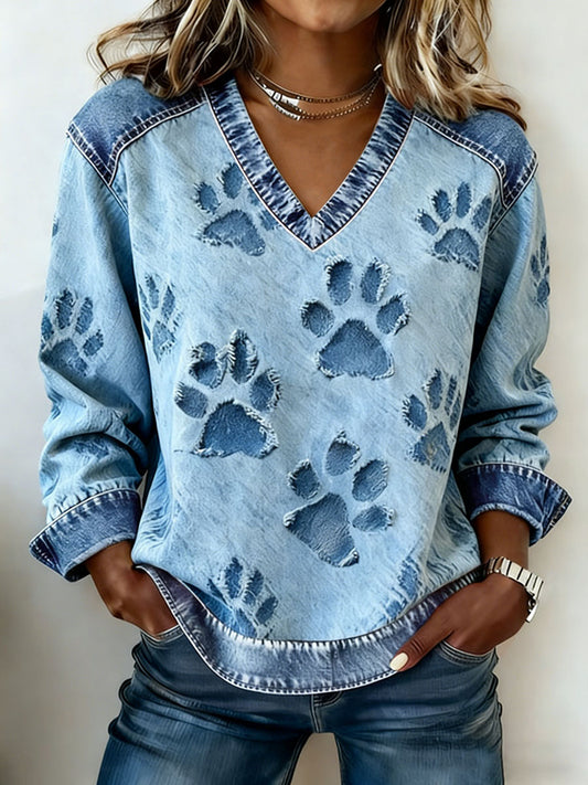 Women's dog paw print V-neck sweatshirt