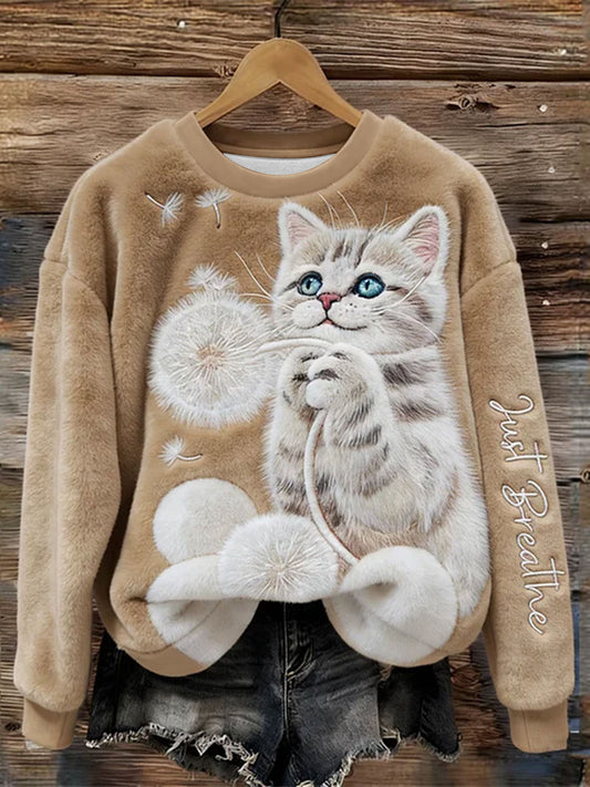 Women's Just Breathe Fuzzy Cat & Dandelion Cozy Flannel Hoodie