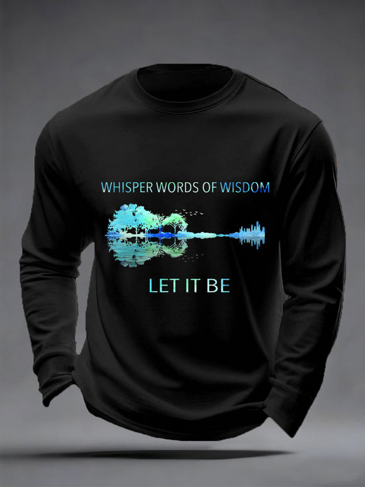 Men's Retro Whisper Words Of Wisdom Let It Be Guitar Print Casual Long Sleeve T-Shirt
