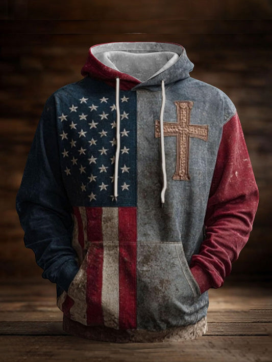 Men's Cross Flag Oversized Drop-Shoulder Hoodie With Pockets