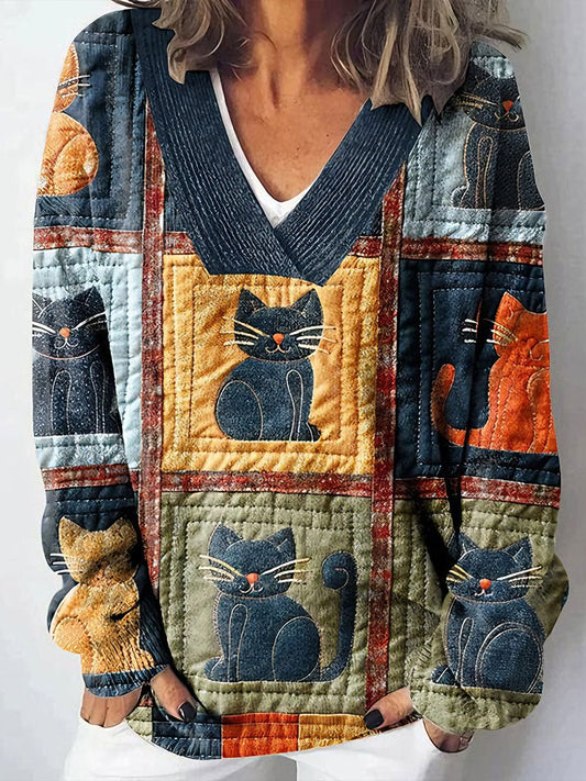 Women's Cats Print V-Neck Tops
