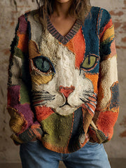 Women's Cat Geometric Art Print V-Neck Tops