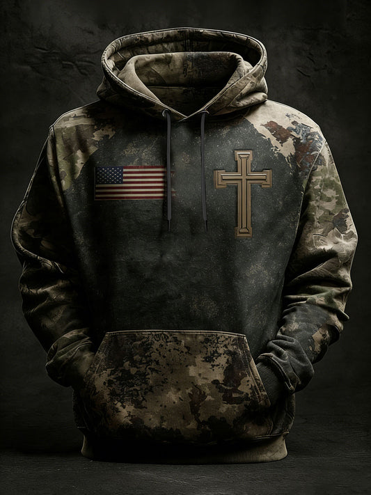 Men's Vintage Faith Flag Cross  Oversized Drop-Shoulder Hoodie with Pockets