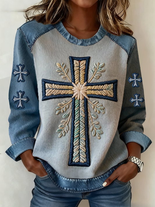 Women's Cross Print Casual Denim Patchwork Top