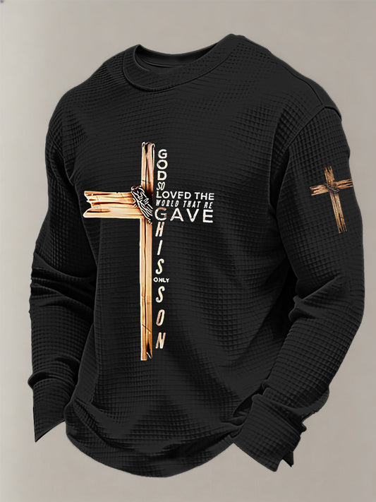 Men's With God So Loved The World Cross Printed Waffle Long Sleeve T-Shirt