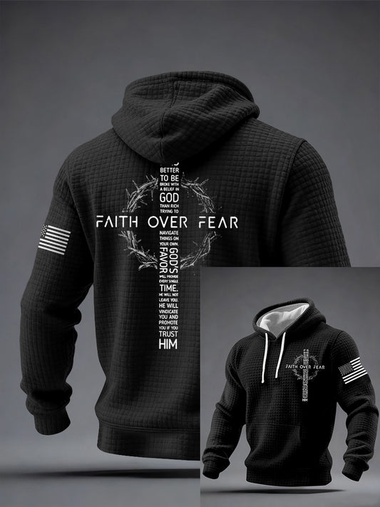 Men's Faith Over Fear USA Flag Print Casual Checkered Hoodie