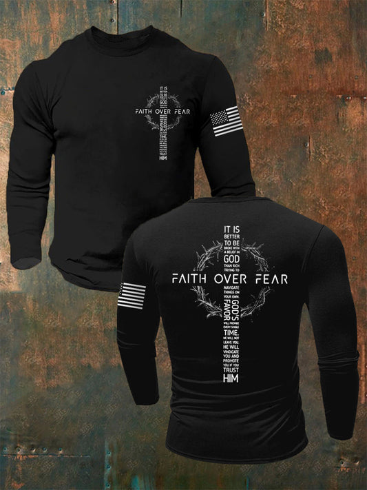 Men's Faith Over Fear USA Flag Print Casual Long Sleeve T-Shirt