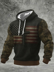 Men's Vintage Faith Flag Cross Print Checkered Cotton Hoodie