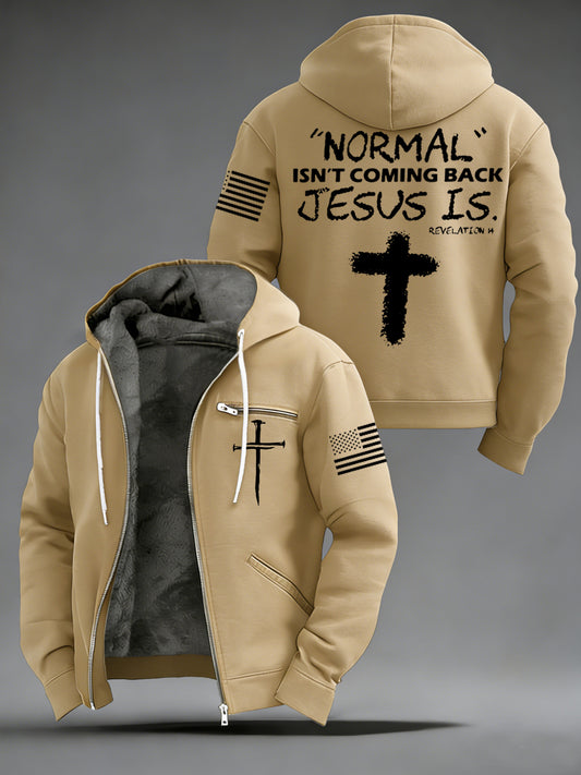 Men's Normal Isnt Coming Back Jesus Is USA Flag Print Casual Zipper Hooded Plush Jacket