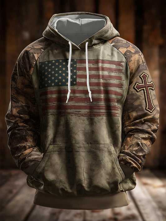 Men's Vintage Faith Flag Cross Oversized Hoodie with Pockets