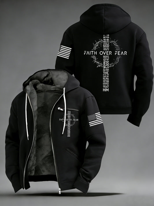 Men's Faith Over Fear USA Flag Print Casual Zipper Hooded Plush Jacket