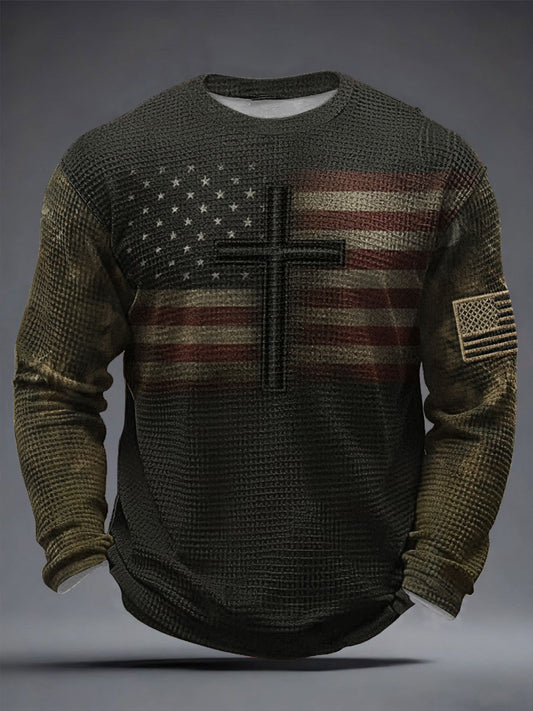 Men's Vintage Faith Flag Cross Waffle Long Sleeve T-Shirt