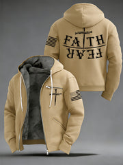 Men's Faith Over Fear USA Flag Print Casual Zipper Hooded Plush Jacket