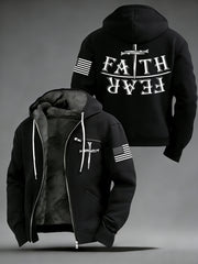 Men's Faith Over Fear USA Flag Print Casual Zipper Hooded Plush Jacket