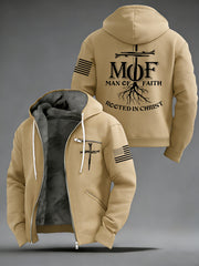 Men's Man Of Faith USA Flag Print Casual Zipper Hooded Plush Jacket