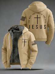 Men's Jesus The Way The Truth The Life Flag Print Casual Zipper Hooded Plush Jacket