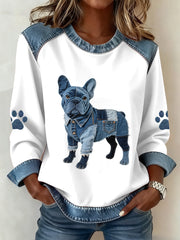 Women's Lovely French Bulldog Pattern Denim Patchwork Sweatshirt