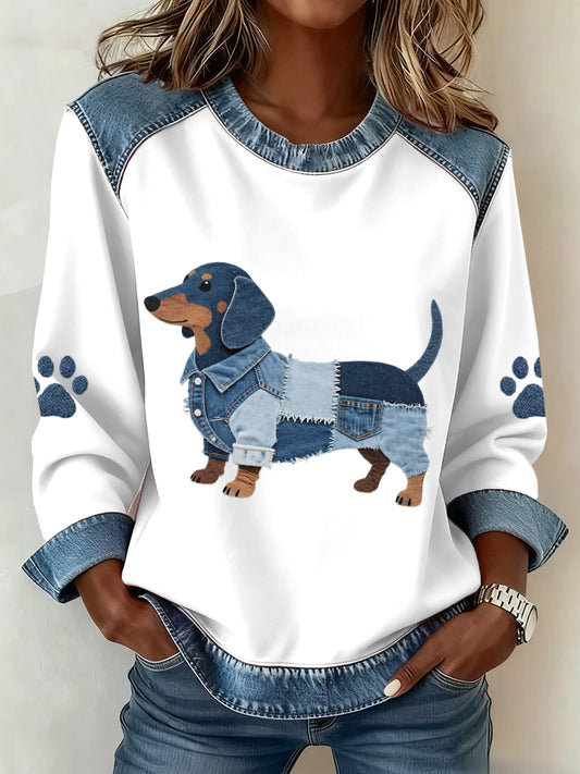 Women's Lovely Dachshund Dog Pattern Denim Patchwork Sweatshirt