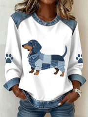 Women's Lovely Dachshund Dog Pattern Denim Patchwork Sweatshirt