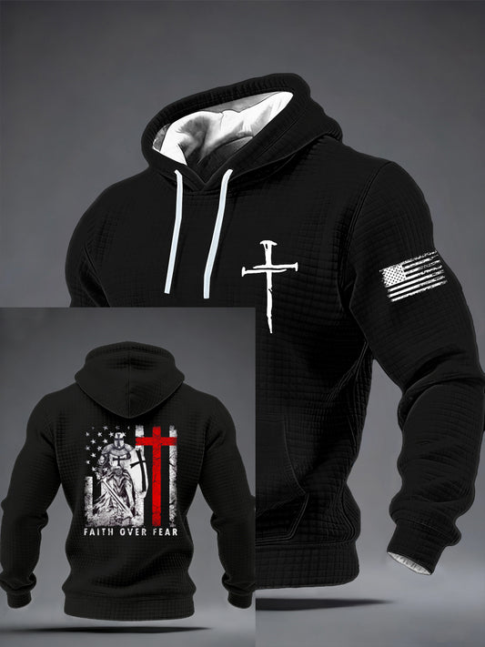 Men's Faith Over Fear Cool American USA Flag Christian Cross Jesus Checkered Cotton Hoodie