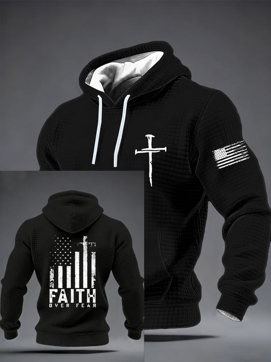 Men's Faith Over Fear Cool Christian Cross With American USA Flag Checkered Cotton Hoodie