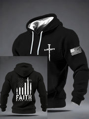Men's Faith Over Fear Cool Christian Cross With American USA Flag Checkered Cotton Hoodie