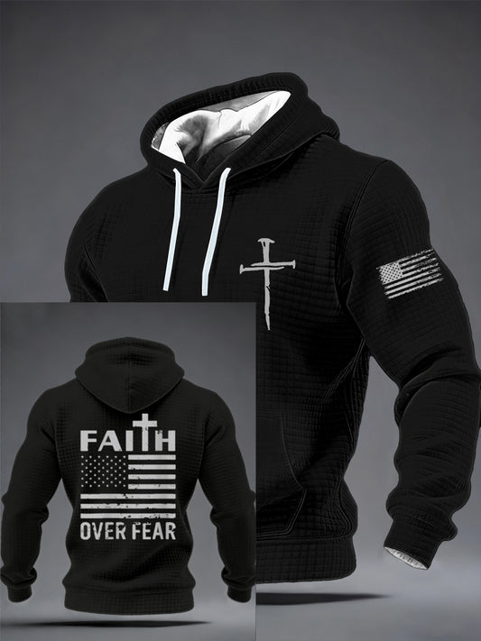 Men's US Flag Faith Over Fear Faded Patriotic Christian Checkered Cotton Hoodie