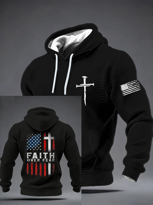 Men's Christian US USA Flag American Christ Faith Over Fear Cross Checkered Cotton Hoodie