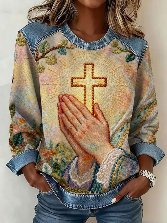 Women's Cross Faith Print Denim Patchwork Top