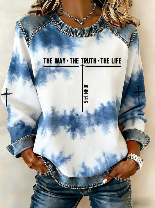 Women's The Way, the Truth, the Life Cross Print Denim Patchwork Top