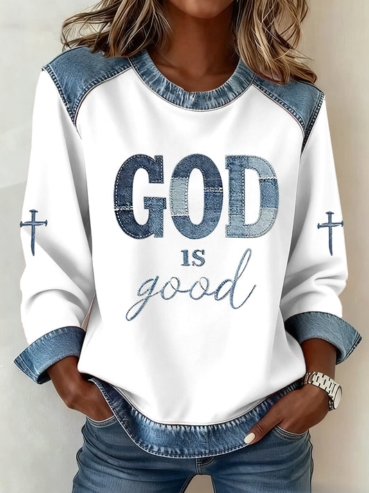 Women's God Is Good Cross Denim Patchwork Top