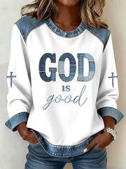 Women's God Is Good Cross Denim Patchwork Top