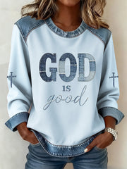 Women's God Is Good Cross Denim Patchwork Top