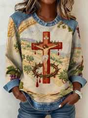 Women's Cross Faith Print Denim Patchwork Top