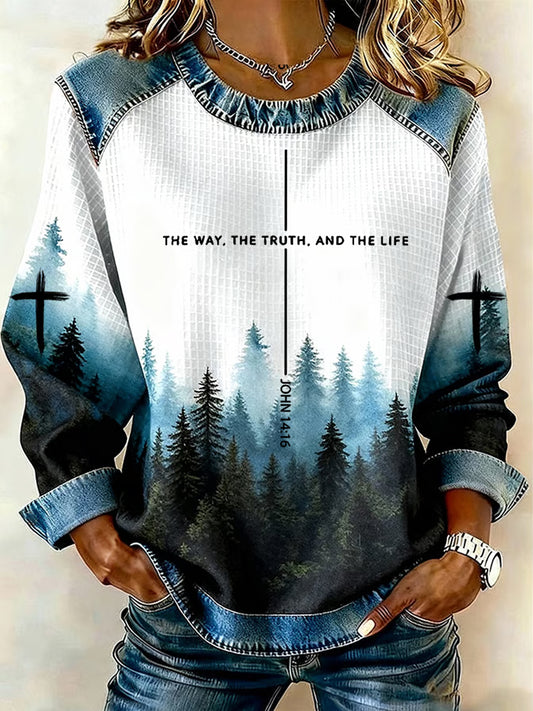 Women's The Way, the Truth, the Life Cross Print Denim Patchwork Top