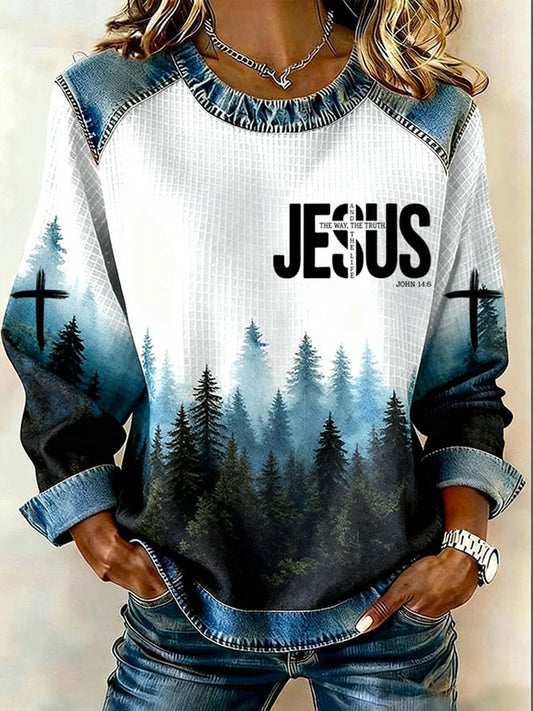 Women's Jesus The Way The Truth The Life Denim Patchwork Top