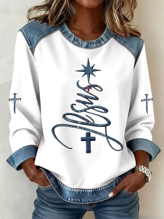 Women's Jesus Cross Denim Patchwork Top