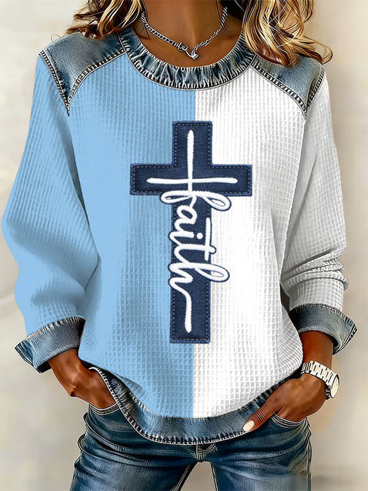 Women's Retro Faith Cross Denim Patchwork Top