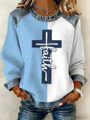 Women's Retro Faith Cross Denim Patchwork Top