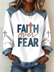 Women's Faith Over Fear Cross Denim Patchwork Top