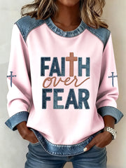 Women's Faith Over Fear Cross Denim Patchwork Top