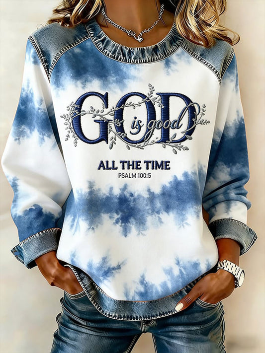 Women's God Is Good All The Time Denim Patchwork Top