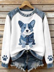 Women's Lovely Corgi Pattern Denim Patchwork Waffle Sweatshirt