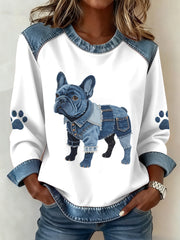Women's Lovely French Bulldog Pattern Denim Patchwork Sweatshirt