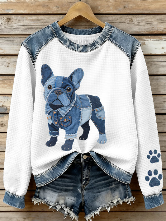 Women's Lovely French Bulldog Pattern Denim Patchwork Waffle Sweatshirt