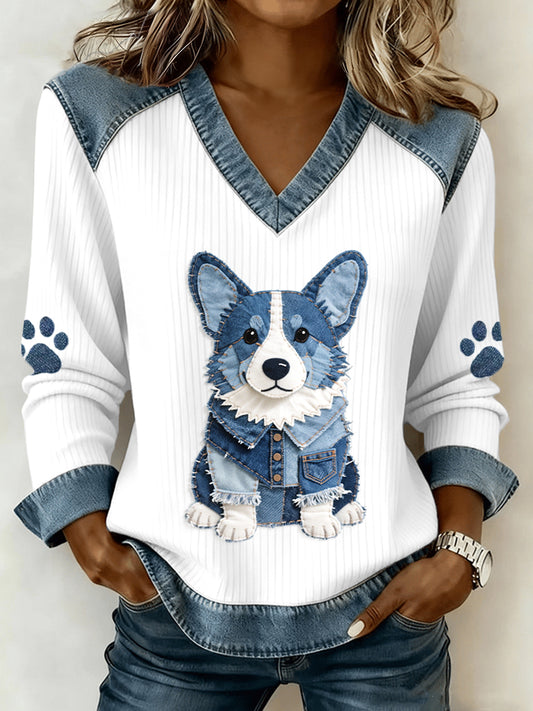 Women's Lovely Corgi Pattern Denim Patchwork V-Neck Top