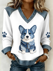 Women's Lovely Corgi Pattern Denim Patchwork V-Neck Top
