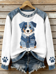 Women's Lovely Australian Shepherd Pattern Denim Patchwork Waffle Sweatshirt
