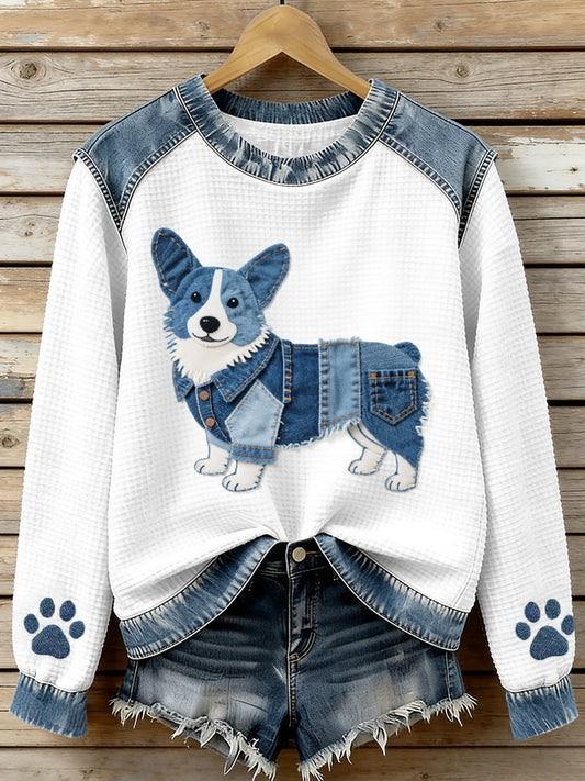 Women's Lovely Corgi Pattern Denim Patchwork Waffle Sweatshirt